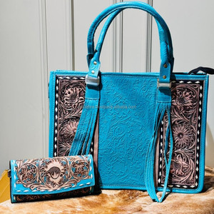Bolso de mano grande de cuero con estampado de flores turquesa y conjuntos combinados de cartera de pulsera turquesa a mano de moda occidental para mujer - Product Image 2