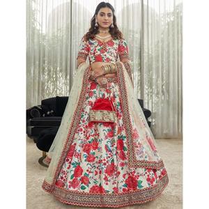 Off-White Floral Impreso Arte Seda Desgaste de la boda Lehenga Choli - Product Image 6