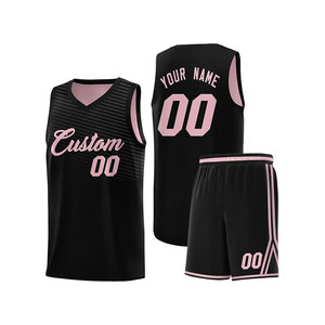 Ensemble de maillots de basket-ball personnalisés noir et rose, col en V, sans manches, en mesh, unisexe, adulte, respirant, impression sublimée - Product Image 1