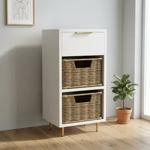 Armoire de rangement blanche moderne avec paniers tissés et poignée, design minimaliste pour salle de bain ou placard (panier en osier non inclus) - Product Image 3