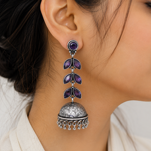 Oxidized <b>Silver</b> Purple Marquise Stone Long Jhumka <b>Earrings</b> Handmade Indian Statement Drop <b>Earrings</b> Wholesale - Product Image 6