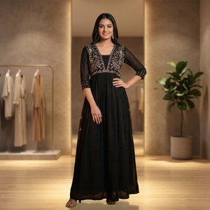Vestido Anarkali Largo Bordado en Color Negro para Mujer, Corte Holgado, Elegante, Estilo Indio-Pakistaní, para Todas las Temporadas - Product Image 1