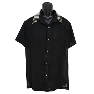 Custom <b>Men's</b> Black Gothic Button Down Shirt with Silver <b>Studded</b> Collar Skull Back Design Short Sleeve Street wear - Product Image 1