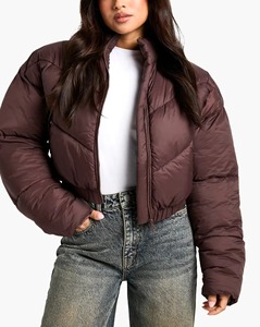Veste matelassée unie pour femme, marron, à capuche, manches longues, fermeture éclair, hiver, épaisse, en polyester, tissu tissé, doublure en coton - Product Image 1