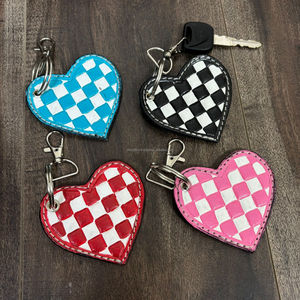 Hot Selling Wholesale <b>Red</b> & White Checkered Heart Keychain Hand Tooled Leather Keyring Bag Charm Accessory Fashion for Women's - Product Image 5