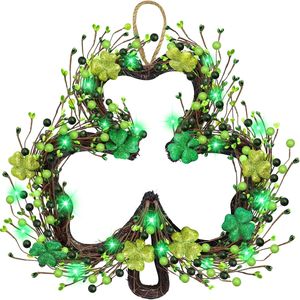 Decoraciones para el Día de San Patricio, Guirnalda de 20 Luces LED Verdes, 10 Tréboles, Adorno para Puerta Delantera de 18 Pulgadas, Plantas Artificiales, Follaje Verde - Product Image 1