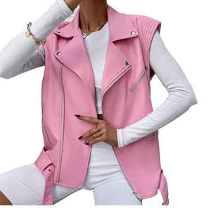 Gilet de motard rose en cuir véritable pour femme, coupe oversize, sans manches, style moto, tricoté, tendance automne, personnalisable - Product Image 5