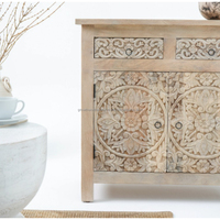 Meuble d'appoint mural moderne 2025 en bois de manguier et fer avec 2 tiroirs et 2 portes, armoire de rangement et de présentation