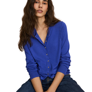 Cárdigan clásico de punto para mujer, azul cobalto, con botones, tacto suave, rico en algodón, cuello redondo, manga larga, con bolsillos, para venta al por mayor - Product Image 1