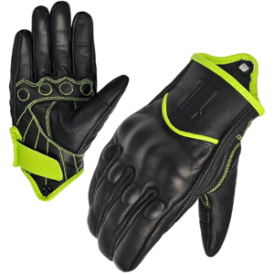 Gants de course en cuir à doigts entiers, noirs avec surpiqûres vert lime, sangle de poignet réglable, unisexe, pour la conduite et l'usage en extérieur - Product Image 4