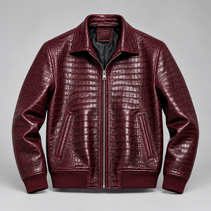 Chaqueta de Invierno Mego Industry para Hombre, con Cuello Alto, Estampado Animal, Cuero PU Grabado Color Borgoña, Estilo Urbano, Ecológica, Hecha a Mano, con Cierre de Cremallera de Lujo - Product Image 1