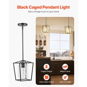 Lampada a Sospensione Lunga Nera in Ferro Battuto, 1 Pezzo, con Paralume in Vetro Trasparente, Attacco E27, Altezza Regolabile, Stile Rustico - Product Image 2