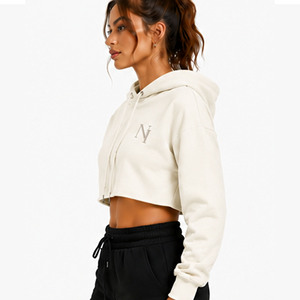 Sweat-shirt à capuche court pour femme OEM, imprimé, manches longues, décontracté, pour l'automne, respirant, en coton tricoté et fibre de bambou - Product Image 3