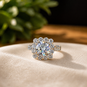 Anillo de compromiso de oro amarillo vermeil con halo de diamantes redondos para mujer, anillo de boda de moissanita, anillo de promesa. - Product Image 1