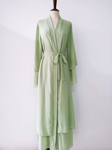 Abaya élégante à double couche de couleur unie avec ceinture, robe ouverte en mousseline, style décontracté d'été, collection - Product Image 3