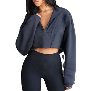 Mujeres Crop Top Algodón Media Cremallera Up Cropped Hoodies Sudaderas - Product Image 1