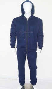 Men's Navy Blue Hooded Fleece Tracksuit <b>Set</b> Full Length Regular Fit Cotton Sweatshirt <b>Jogger</b> Pants Solid Color Side Pockets - Product Image 3