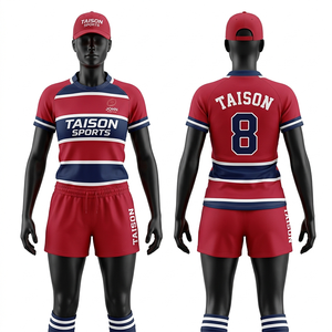 Womens Rugby Uniform 220 GSM Polyester Spandex Red Navy Striped Panel Design Sublimation Custom Logo Set - Product Image 1