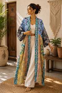 <b>Light</b> Weight Silk Long Dressing Gown With Two pocket Patchwork Silk Kimono Robe For Women - Product Image 5