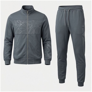 Ensemble de survêtement gris pour homme, manches longues, col montant, fermeture éclair sur le devant, imprimé géométrique, respirant, coupe sportive, coupe régulière, vêtements d'automne - Product Image 1