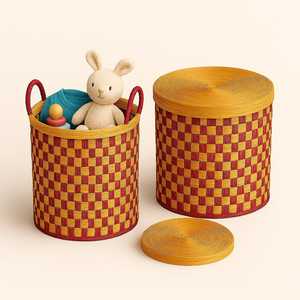 Cesta de Almacenamiento Redonda Rústica de Bambú Tejida a Mano, Multiusos, para Ropa y Juguetes, con Asas |   Forro de tapa opcional |   Biodegradable - Product Image 2