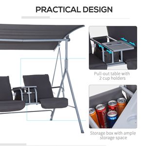 Outdoor Gray Porch Swing for 2 with Adjustable Canopy Metal Table & Cup Holders Waterproof <b>Cushions</b> and Anti-Slip <b>Pads</b> - Product Image 5