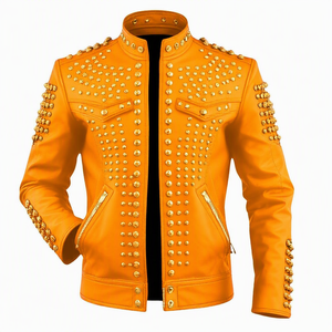 Blouson de moto en cuir gris pour homme, col montant, fermeture éclair, décoration rivets, coupe classique, style motard - Product Image 5