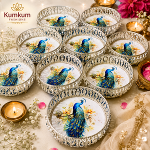 Peacock Print Religious Metal Handmade Multifunction Tray Wedding Favor Indian Gift Trays Bridesmaid Hamper Basket Haldi Mehndi - Product Image 1