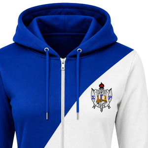 เสื้อฮู้ดซิปยาวสีน้ำเงินรอยัล-ขาว แบบมีแถบผ้าไขว้ 2 แถบ สำหรับผู้หญิง สไตล์สีบล็อก แขนยาว เหมาะสำหรับชมรม วิทยาลัย และกีฬา - Product Image 6
