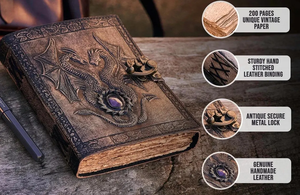 Dragon Embossed Leather Journal with Antique <b>Lock</b> | Handmade Fantasy <b>Diary</b> Deckle Edge Paper Vintage Grimoire Notebook - Product Image 3