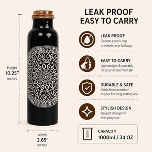 Black Copper Water <b>Bottle</b> White Mandala Medallion Print Pure Copper <b>Flask</b> with Luxury Gift Box Packaging - Product Image 2