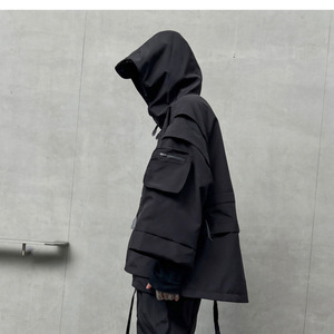 Veste en toile à capuche pour homme style punk - Coupe-vent multi-poches Techwear avec fermeture éclair à boucle, finition noire - Product Image 3
