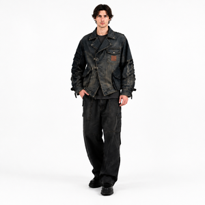 Chaqueta de mezclilla encerada negra oversize para hombre, con dobladillo deshilachado asimétrico, mangas acordeón, estilo streetwear, diseño personalizado - Product Image 1