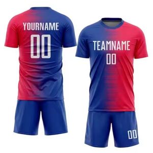 Maillots de football 100% polyester rouge et bleu, uniformes personnalisés OEM, vêtements de sport respirants et doux, couleurs et logo personnalisés pour le football - Product Image 1