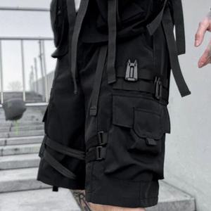 Men's Black Cargo Shorts Elastic Waist Canvas Workwear Style Multiple Pockets Solid Color Quick Dry Bermuda Length - Product Image 3