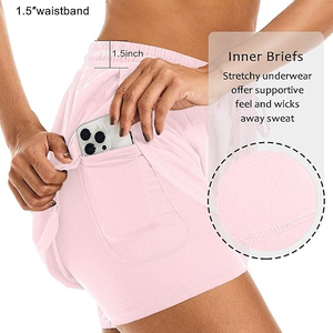 Shorts de sport rose clair pour femmes, design 2 en 1 superposé, en polyester, avec poche pour téléphone, respirants, pour l'entraînement - Product Image 3