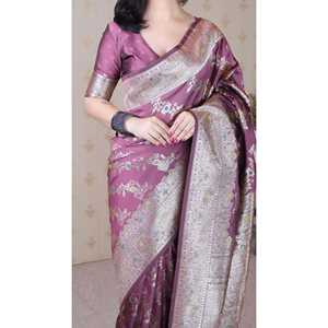 Sari de Seda Suave Rosa Coral Banarasi Jaal Meenakari Zari Tejido a Mano con Elegante Diseño Indio de Elite Weaves 650g - Product Image 5