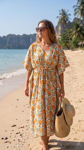Elegante Vestido Kaftán de Algodón con Estampado Floral Naranja, Cintura Ajustable, Estilo Bohemio, Casual, para Vacaciones de Verano - Product Image 6