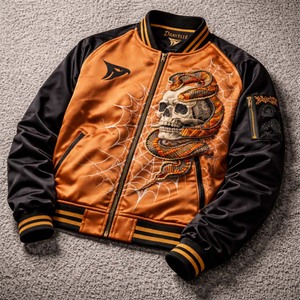 Chaqueta Sukajan Japonesa Negra de Cobre Personalizada, Bordada con Calavera de Serpiente, de Poliéster, Estilo Bomber, con Parches, Cortavientos, MOQ Bajo - Product Image 1
