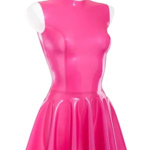 Pink PU High Neck Sleeveless A-Line Midi <b>Dress</b> Pleated Fitted Sexy Party Wear Solid Color <b>Summer</b> Woven Translucent - Product Image 1
