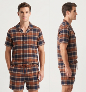 Conjunto de Pantalones Cortos de Franela para Hombre, Camisa de Franela para Dormir con Bolsillo y Pantalones Cortos, Conjunto de Dos Piezas para Dormir - Product Image 2