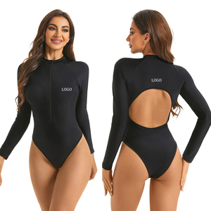 Maillot de bain une pièce à manches longues pour femmes, couleur unie, fermeture éclair sur le devant, coupe haute, séchage rapide, en Spandex et Nylon, vêtements de plage - Product Image 2