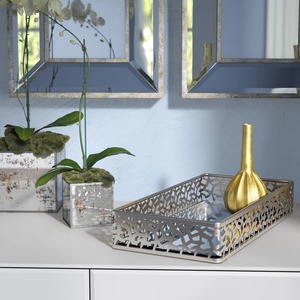 Rectangular <b>Mirrored</b> Storage <b>Tray</b> With Moroccan Pattern Gold Plated Finish For Table Use Neatening Storage <b>Trays</b> Single Tier - Product Image 2