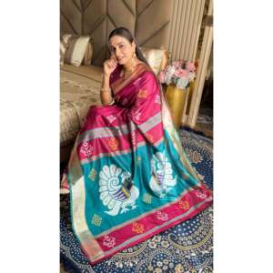 Sari en soie douce rose foncé, tissé avec des fils d'ikkat et de zari, robes de cocktail élégantes - Product Image 6