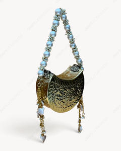 Handmade Gold Metal Crescent <b>Clutch</b> <b>Bag</b> Embossed Floral Design Pearl Handle Chain Tassels Antique Minaudiere Women Wholesale - Product Image 3