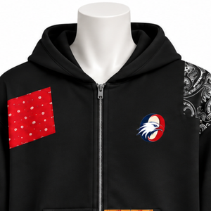<b>Black</b> Tapestry Patchwork Zip Up <b>Hoodie</b> Oversized Full <b>Zipper</b> Hooded Sweatshirt Printed Patch Casual Streetwear Jacket Men - Product Image 3