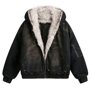 Custom Unisex Hooded Denim Jacket High Quality Cotton <b>Fleece</b> Zip-Up Sun-Faded <b>Black</b> Fur Lining Oversized Fit Winter Eco-Friendly - Product Image 3