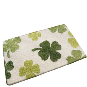 Modern Rectangle Bath <b>Rug</b> With Clover Pattern Non-Slip Rubber Backing Polyester Tufted Medium Pile Green White - Product Image 1