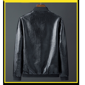เสื้อแจ็คเก็ตบอมเบอร์หนัง PU สำหรับผู้ชาย คอตั้ง ปิดด้วยซิป ทรงปกติ สีพื้น สไตล์โมโต สำหรับฤดูใบไม้ร่วง - Product Image 3