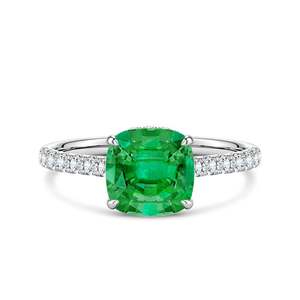 Bague de fiançailles en or massif 14 carats avec émeraude taille coussin et double halo caché, faite à la main, bijoux fins personnalisés pour mariage - Product Image 1
